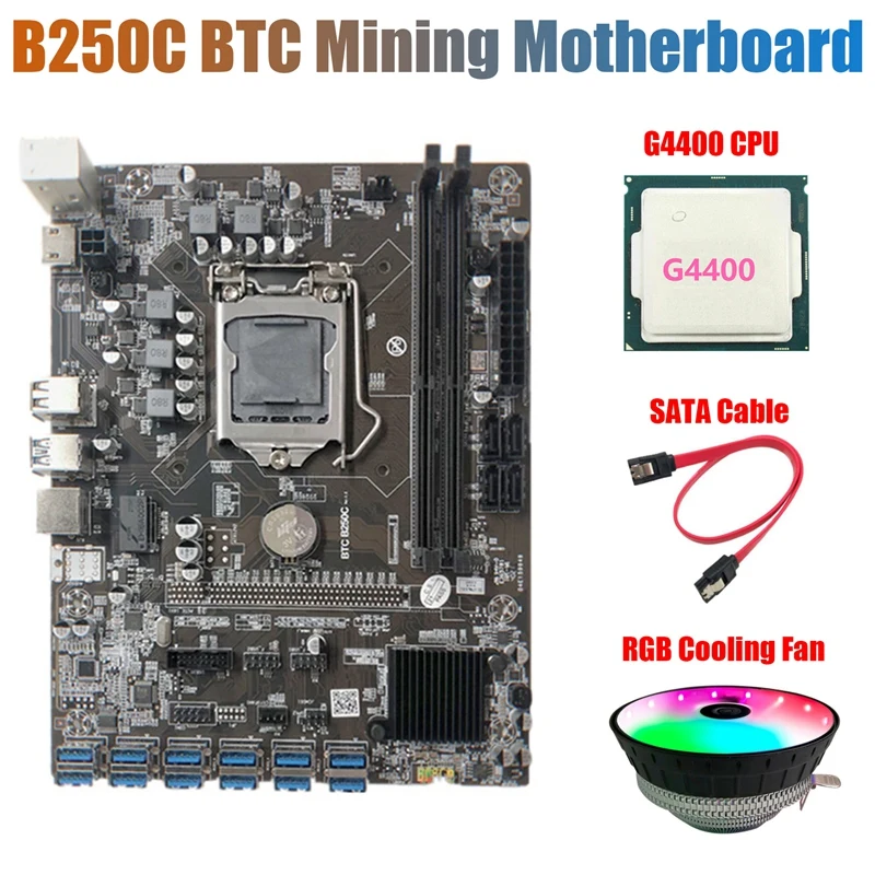 

NEW-B250C Mining материнская плата с RGB вентилятором + G4400 CPU + SATA кабель 12 PCIE к USB3.0 слот GPU LGA1151 поддержка DDR4 DIMM RAM