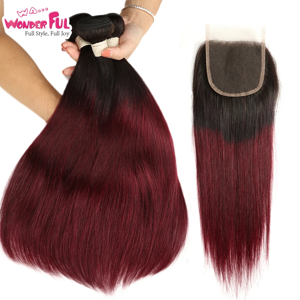 1B 99j пряди с закрытием бордовые прямые человеческие волосы 8 30 дюймов Омбре