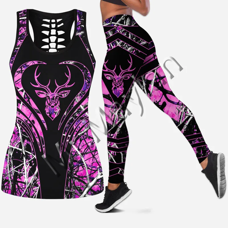 

Fashion Animal Deer Hunting Pink Camo Women Hollow Tanktop and Leggings for 3D Print Hipster Leisure Female Sexy Vest Clothes S8