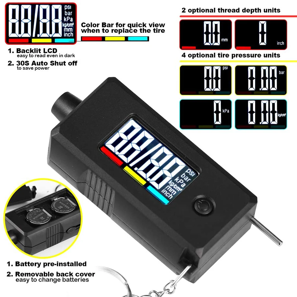 New Tire Pressure Gauge Reader Checker 2 in 1 Digital PSI with Tread Depth for Car Truck Bicycle Motorcycle | Автомобили и