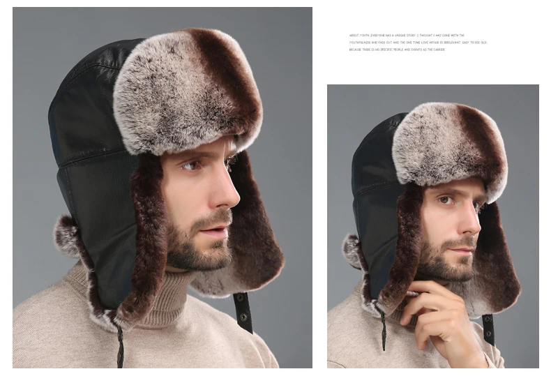 Real Rex Rabbit Fur Bomber Hats Real Sheepskin Earmuffs Cap Men Winter Warm Trapper Russian Trooper Snow Caps EAR FLAPS