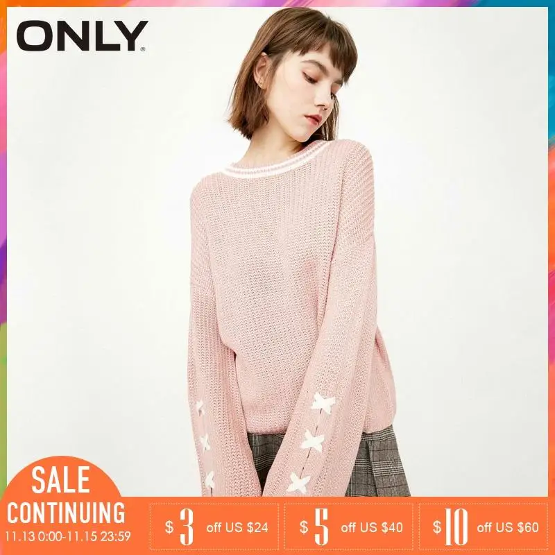 ONLY 2019 New Women Lace Up Flared Sleeves Loose Fit Pullover Sweater|118113512 | Женская одежда