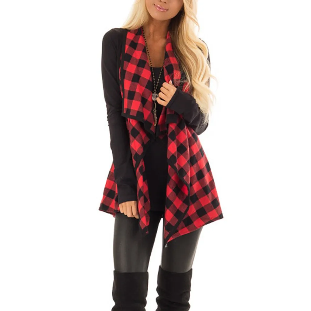 Женский Повседневный клетчатый жилет без рукавов с отворотом кардиган туника