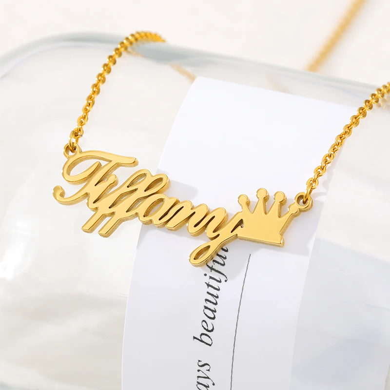 Fashion Name Crown Necklace Stainless Steel vintage Cursive Font Nameplate Pendant Jewelry Birthday Gifts | Украшения и
