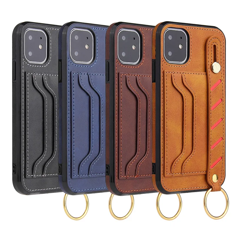 

Twill Wristband Leather Phone Case For Iphone 12 11 13 Pro XS MAX XR X 6 7 8 Plus Card Slot Mobile Phone Cover