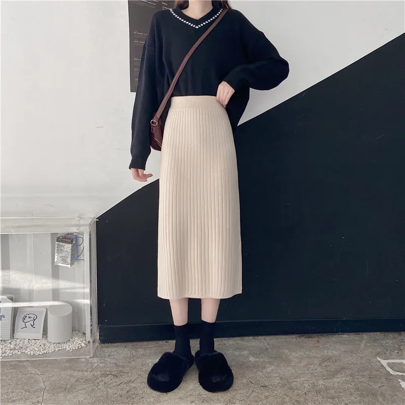 

Autumn Winter Korean Long Straight Skirts Women Elastic High Waist Pencil Skirt Split Knitwear Casual Striped Vintage M300