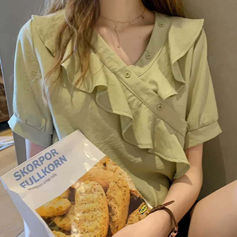 Летняя женская футболка корейский стиль 2020 топы футболки одежда шифон v-образный