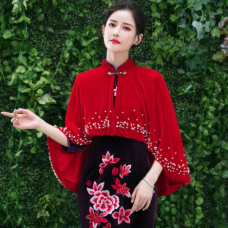 

Women Vintage Velvet Shawl Wrap Stand Collar Pearl Beading Cape Cover Up Shrug
