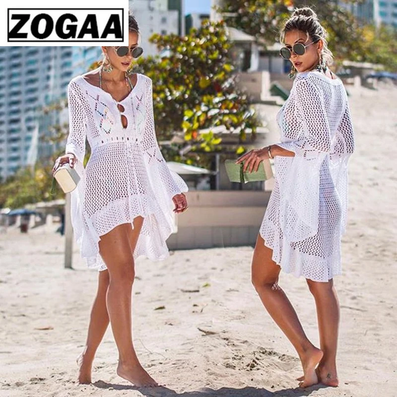 Белое трикотажное пляжное платье туника длинное парео бикини накидка для