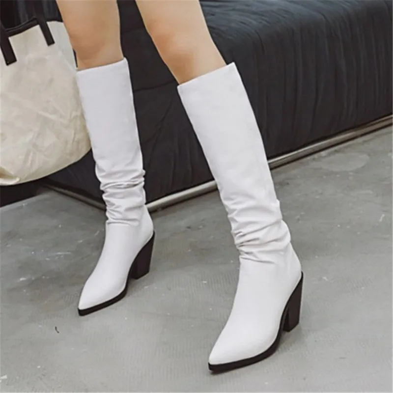 Женские Плиссированные сапоги до середины икры PXELENA 6 цветов зима 2020 квадратный