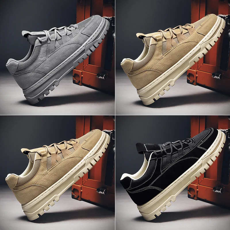 

2021 Men Casual Shoes Man Spring Autumn New Street Tide Lace-up Sneakers Leather Mesh Patckwork Flat Work Shoes Ankle Boots