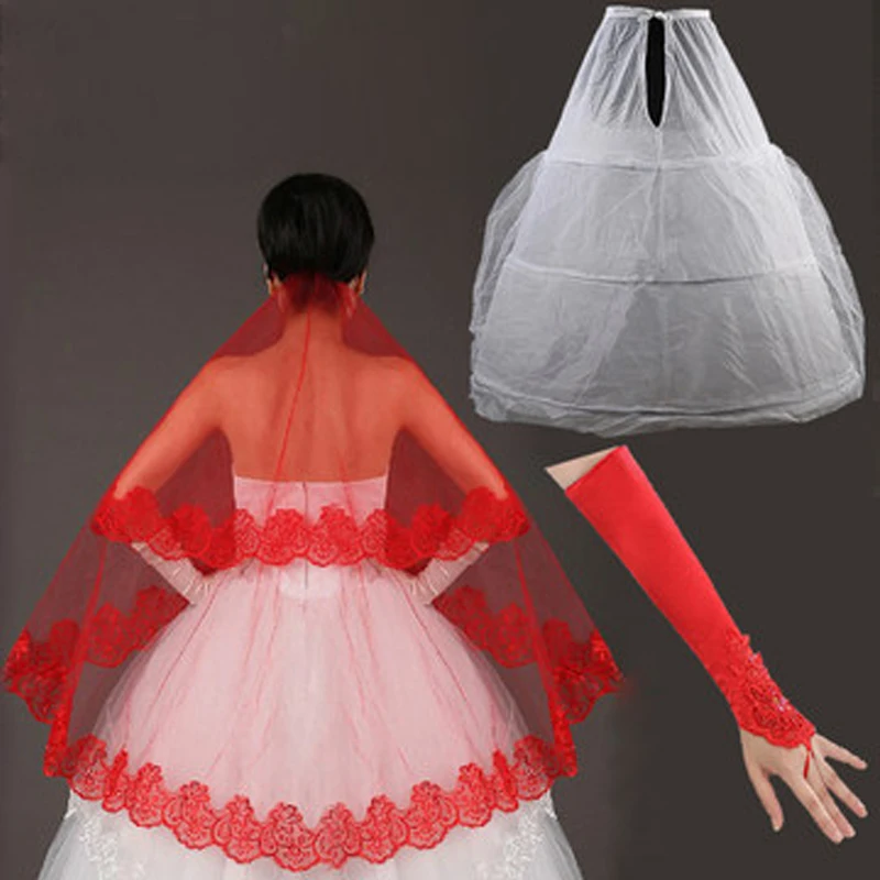 Свадебные аксессуары для невесты Красные кружевные вышитые перчатки 3 кольца