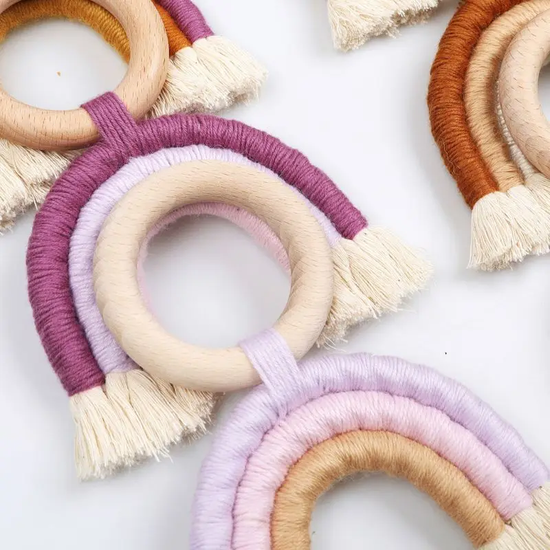 

Rainbow Teething Toys Safe Organic Wooden Ring Baby Wood Teether Nursing Toys
