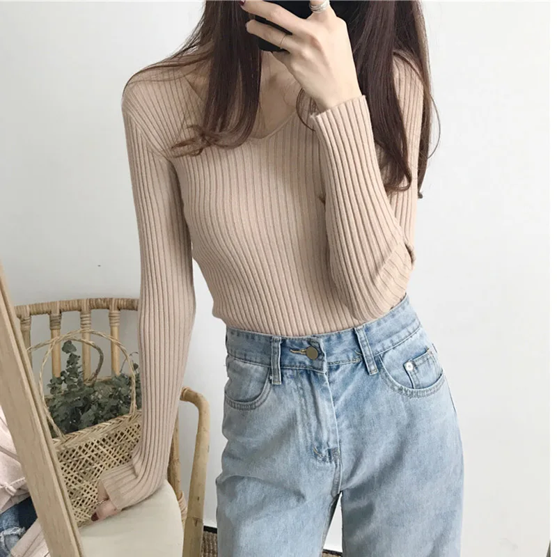 Базовый однотонный осенне-зимний свитер с V-образным вырезом пуловер в Корейском