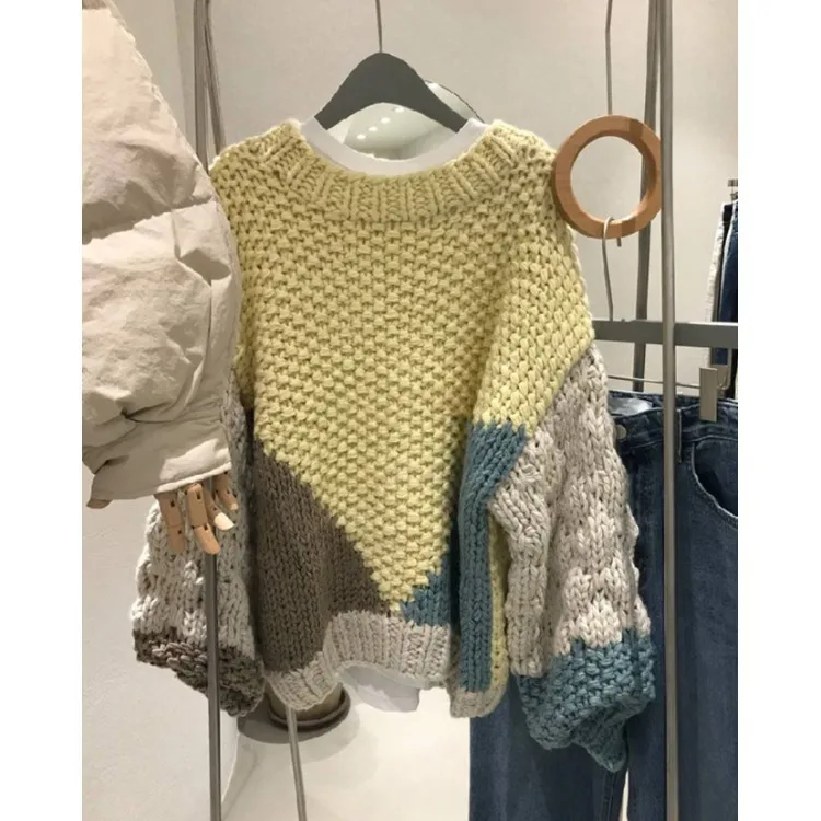 

VANOVICH Korea 2021 Autumn and Winter Fashion Loose Contrast Color Hemp Pattern Knitted Sweater Women's Fashion Pullover