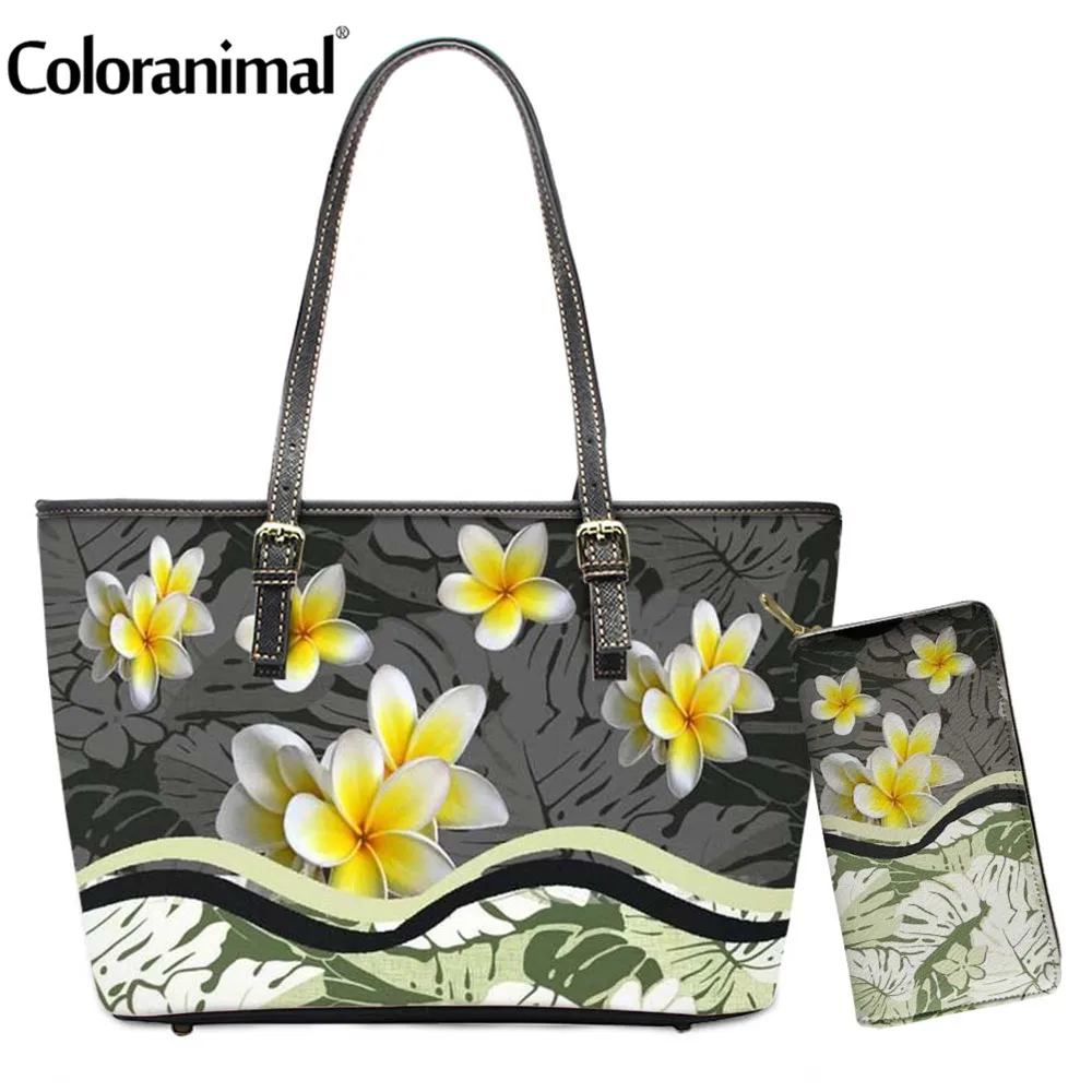 Coloranimal Traditional Hawaiian Plumeria Printed Women Shoulder Bag Large PU Handbag&Wallet Brand Female Crossbody Bag Tote