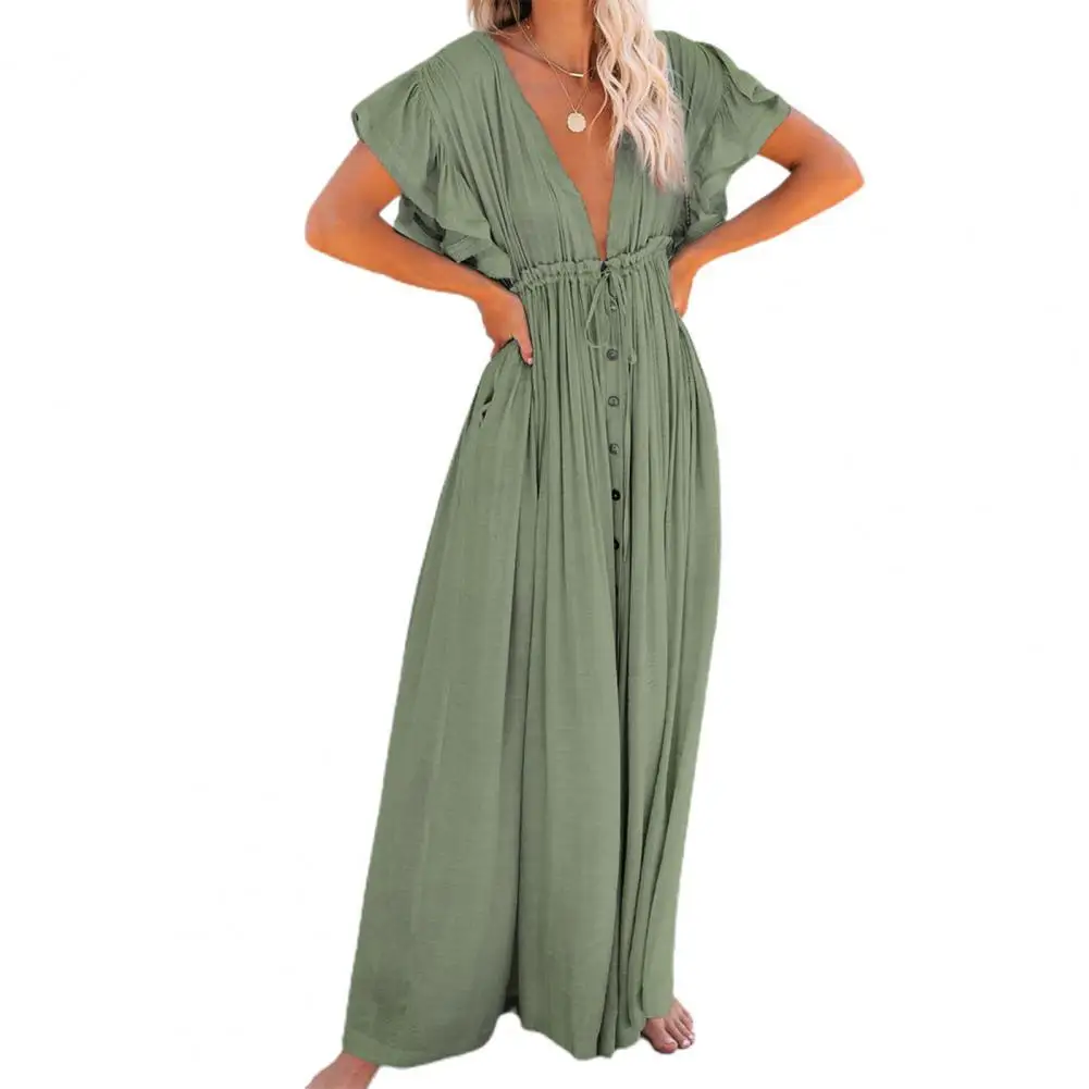 

Summer Women Dress Ruffle Short Sleeve Deep V Neck Drawstring Long Bikini Cover Up Sunscreen Dress Beachwear Beachwear Party