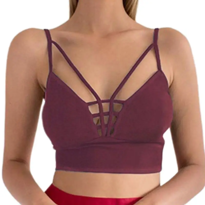 

Womens Sexy Deep V-Neck Crop Top Hollow Out Strappy Bandage Front Camisole Backless Seamless Solid Color Stretchy Bralette Vest