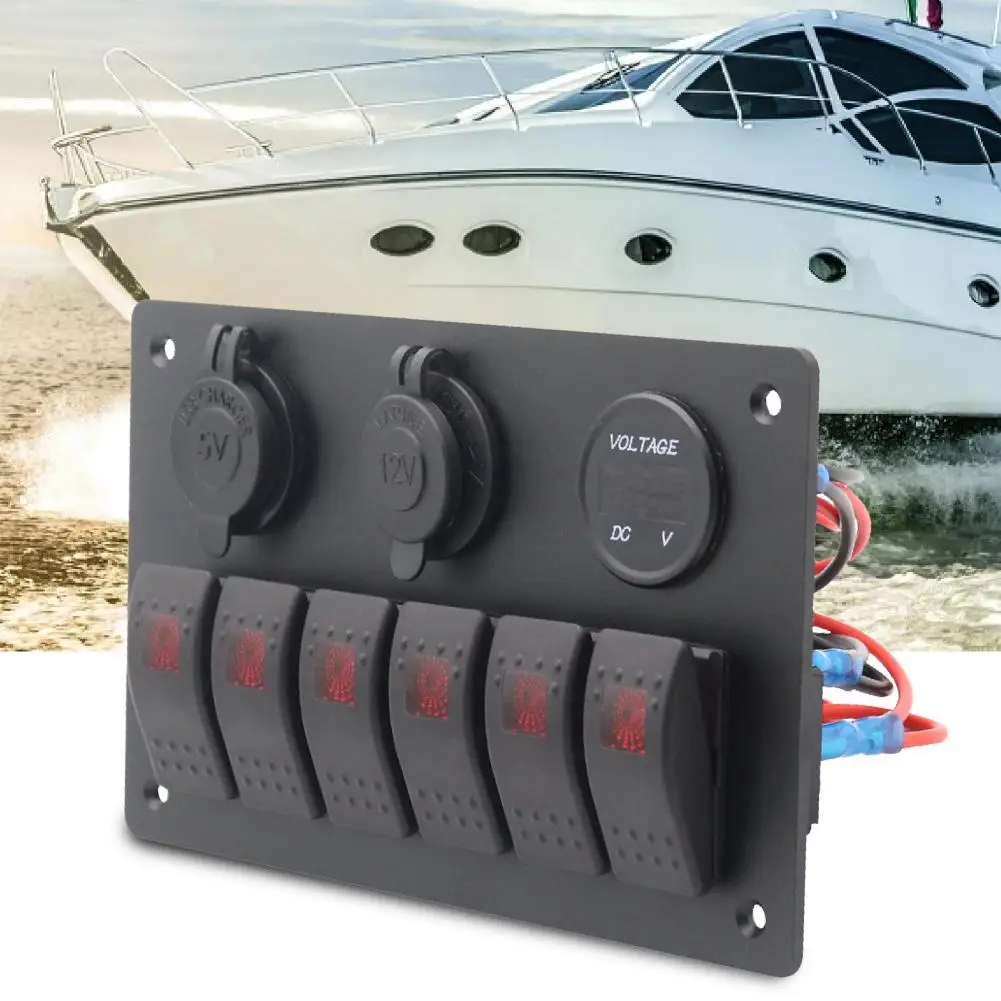 

Portable with Car Charger Easy Installation 6 Gang LED Backlit Toggle Switch Panel Rocker Switch Panel for Ship