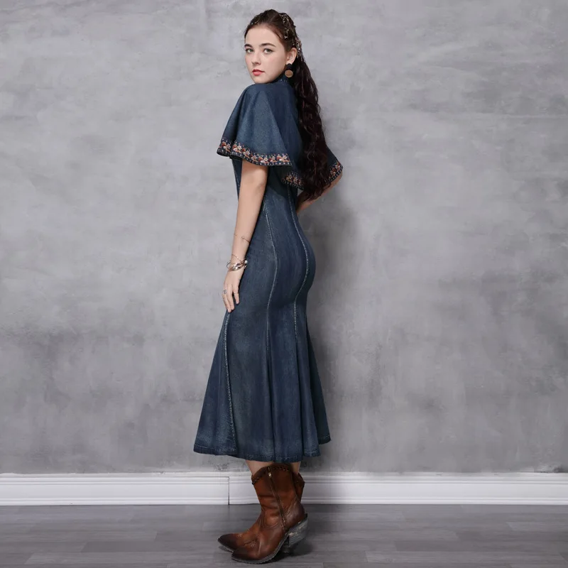 2020 летнее платье новое тонкое джинсовое Ципао средней длины с вышивкой в стиле