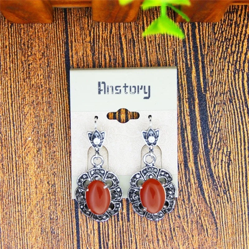 Vintage Agate Jewelry Set Natural Stone Necklace Earring Rhinestone Flower Antique Sliver Plated For Fashion | Украшения и