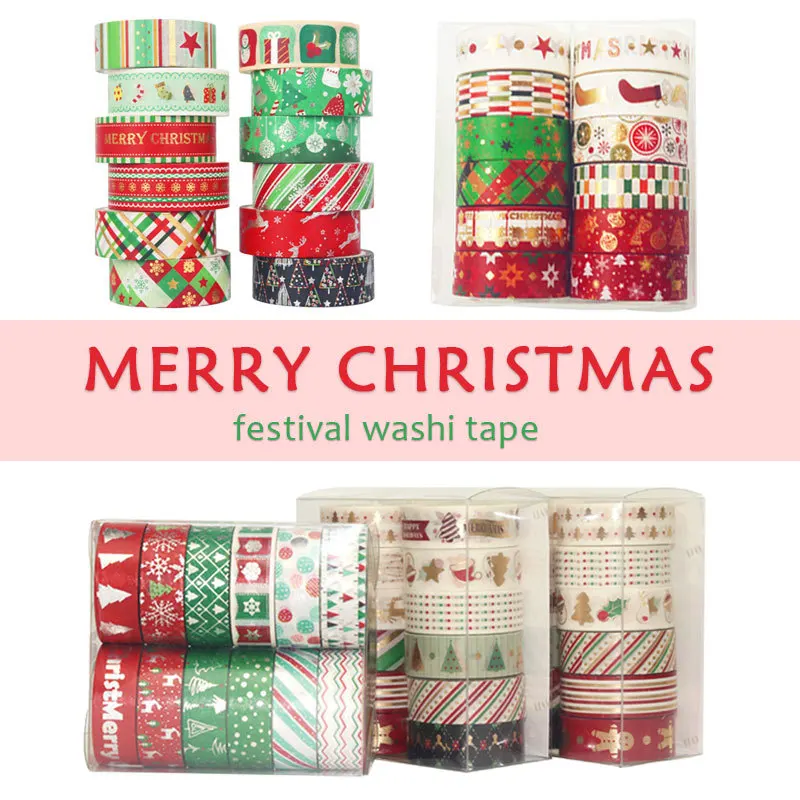 60 Meter Christmas Washi Tapes Set 12Pcs/Lot Decorative Red Green Stars Gold and Silver Foil Masking Tape Cute Stationery