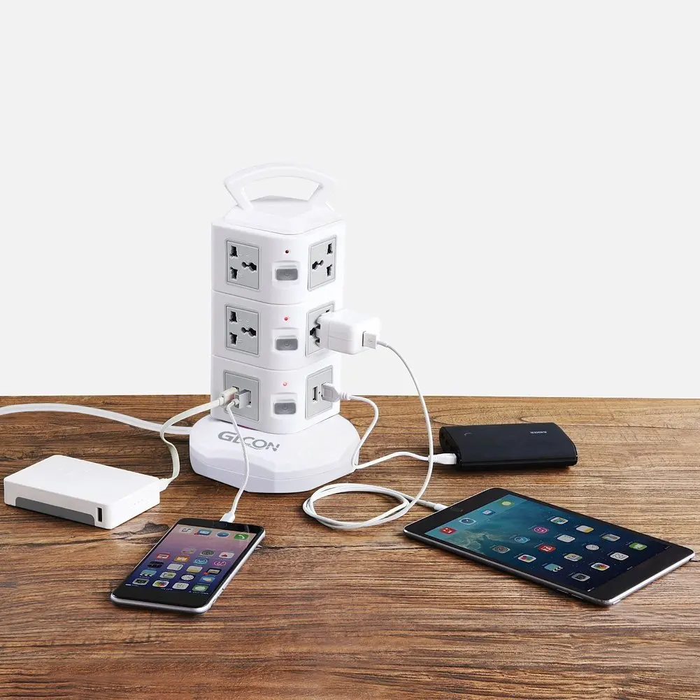 

Tower Power Strip Surge Protector Vertical Multi Sockets 7/11/15/19 Way Universal Outlets Plug Socket 2 USB 3m Extention Cord