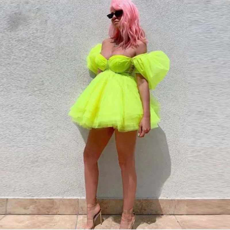 Летние модные неоново зеленые короткие женские платья из тюля с открытыми