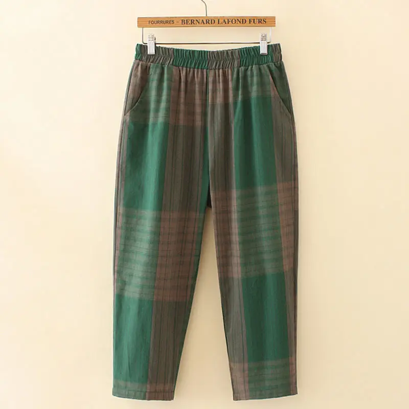 

Suit Female Mother Dress 2021new Version of The Summer Large Size Plaid Two-piece Retro Casual Pants Loose Top Two-piece Suit