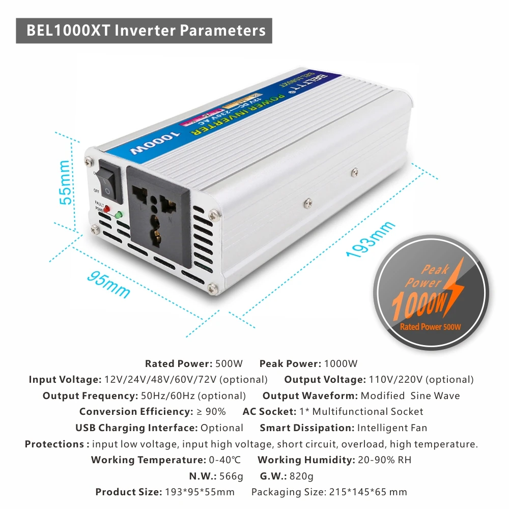 

Car Inverter 500W DC 12V 24V To AC 220V Modified Sine Wave Inverter Peak Power 1000W Charger Converter Intelligent Protection