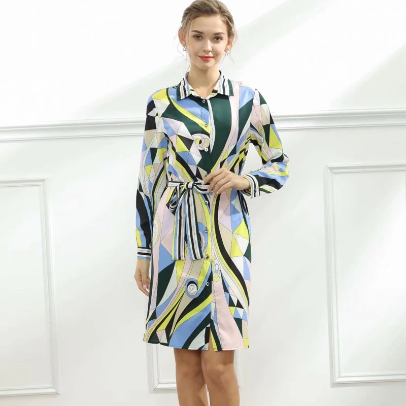 

2021 Spring New Style Retro Bohemian Print Long-Sleeved Single-Breasted Belt Self-Cultivation Temperament Casual Shirt Dress