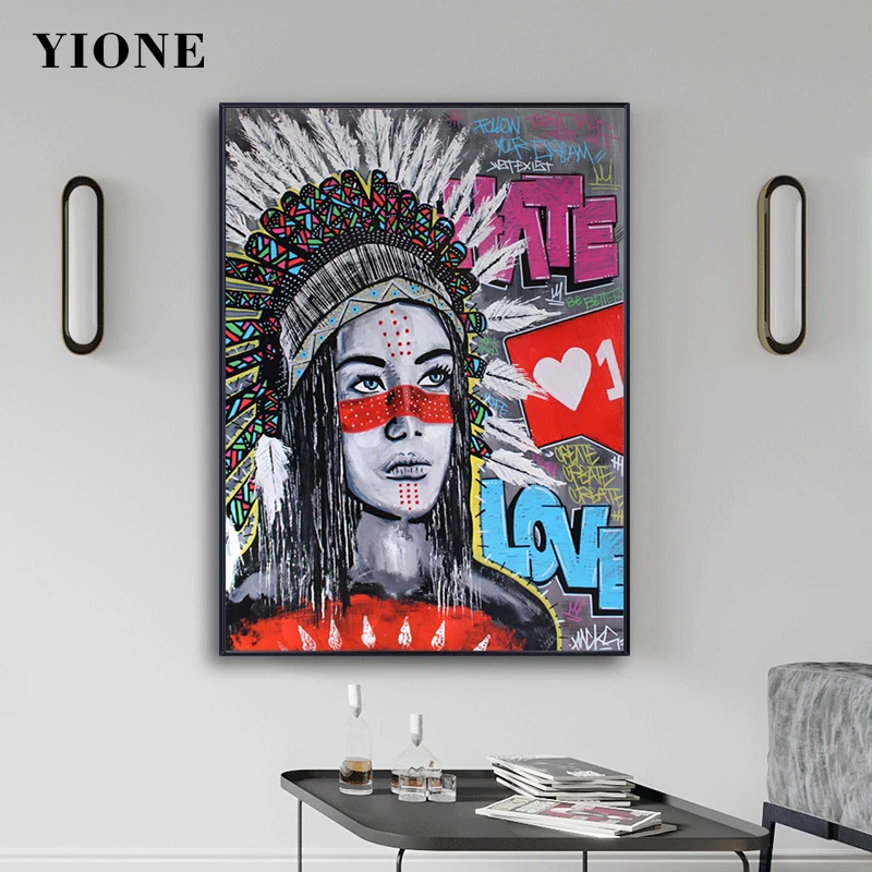 

Indian Girl Graffiti Art Poster Abstract Ethnic Tribal Woman Canvas Picture Print Wall Decoration Painting for Interior Room