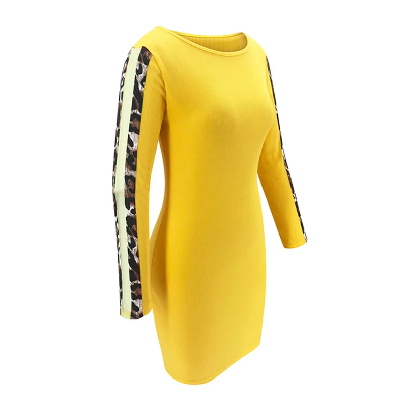 

Yellow Color Leopard Print Casual Long Sleeve Women Party Dress Mini Sheath O-neck Ladies Dresses Autumn Womens Clothing SJ4606R