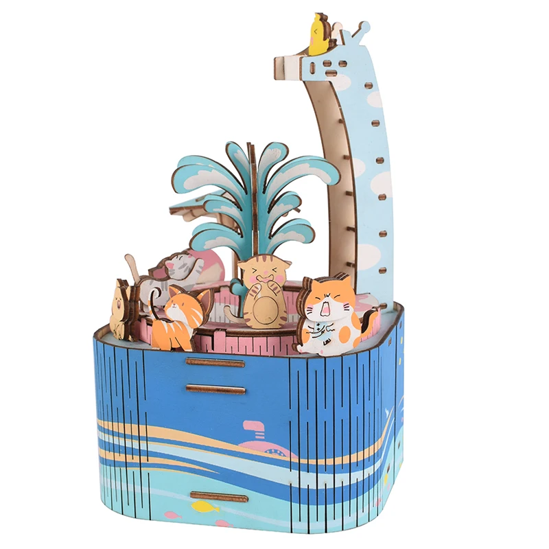 

Blue Music Box DIY 3D Wooden Puzzle Game Swimming Pool Jigsaw For Kids Boys Girls Assembly Model Hardcraft Chrismas Gift