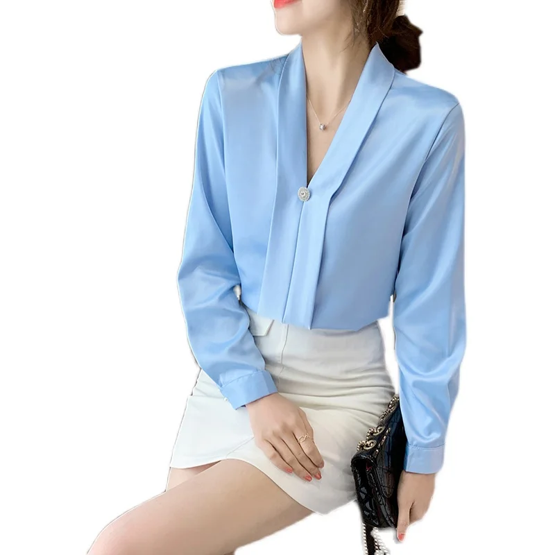 

Houthion Long Sleeve Women's Blouse Fashion Tops Casual Comfortable Plus Size Silk Solid Color V-neck Shirt Korean