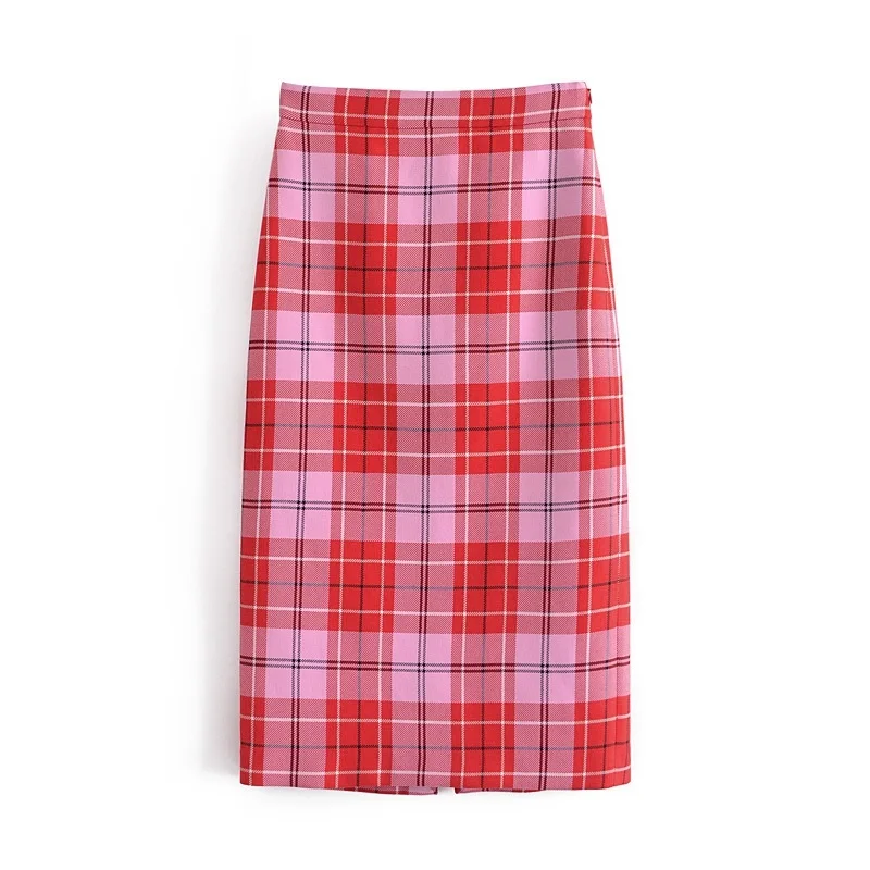 

Tangada Women Red Plaid Pleated Midi Skirt Faldas Mujer Vintage Side Zipper Office Ladies Elegant Chic Mid Calf Skirts QN80