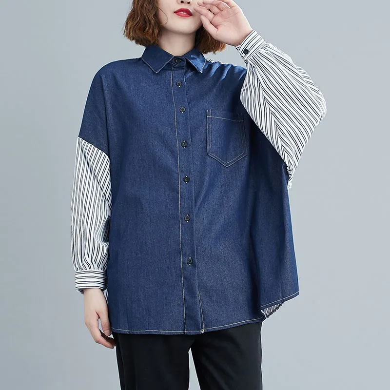 

Oversized Women Casual Shirts New 2020 Autumn Korean Style Vintage Patchwork Striped Loose Female Cotton Denim Tops S2393