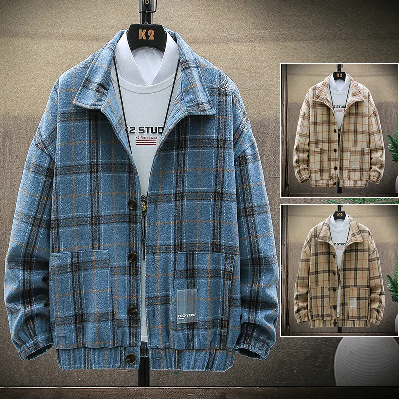 

2021 Spring New Men's Plaid Jacket Jacket Korean Fashion Casual Loose Lapel Student Jacket Men's Clothing