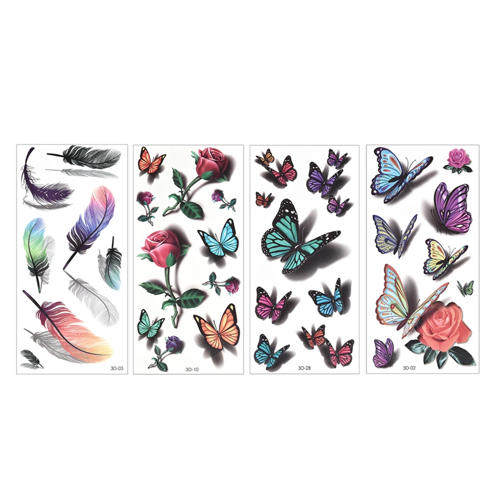 Временные тату-наклейки для женский боди-арт 3D Бабочка роза цветок перо тату
