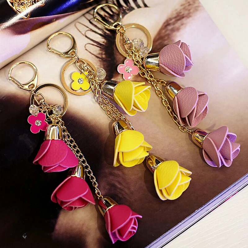 Новинка Очаровательные Модные кожаный цветок розы милый брелок для ключей с