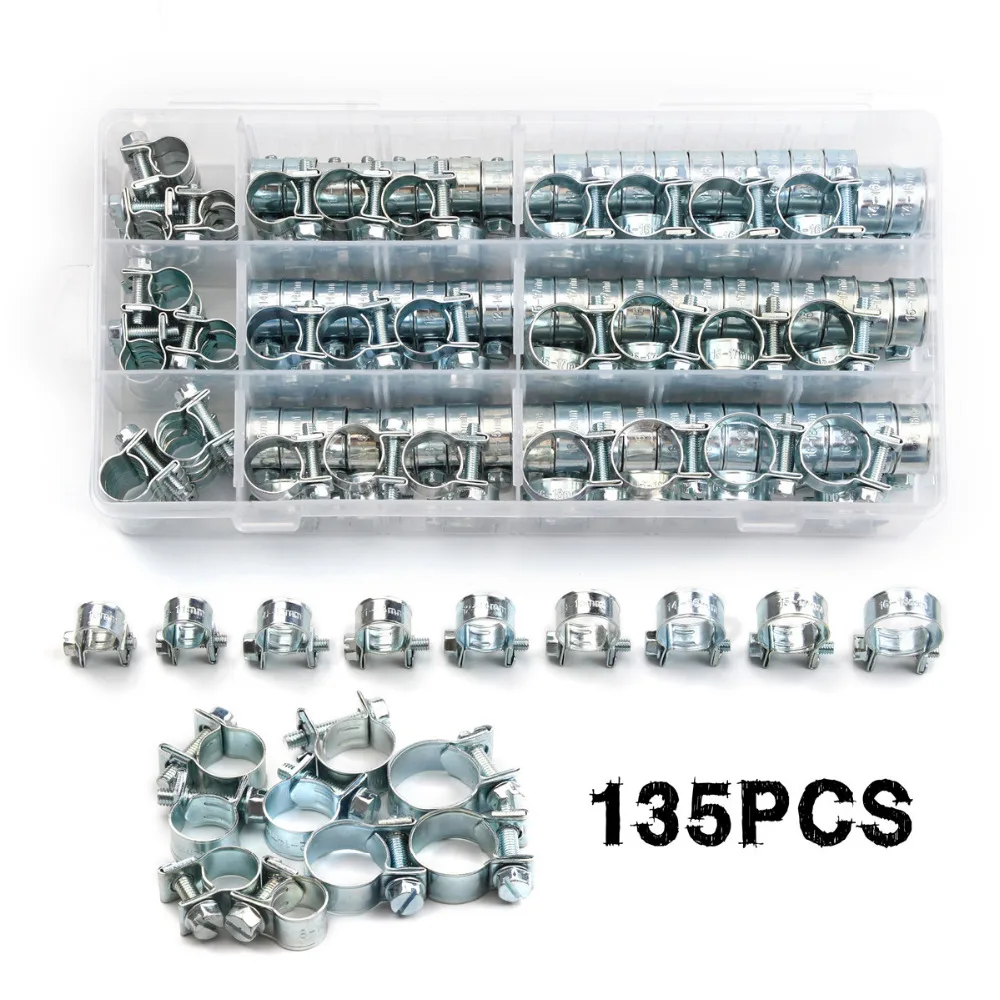 

135Pcs 8-18mm Mini Clamp Fuel Clamp Injection Hose Air Hose Clamps Assortment Kit For Diesel Petrol Pipe Clips