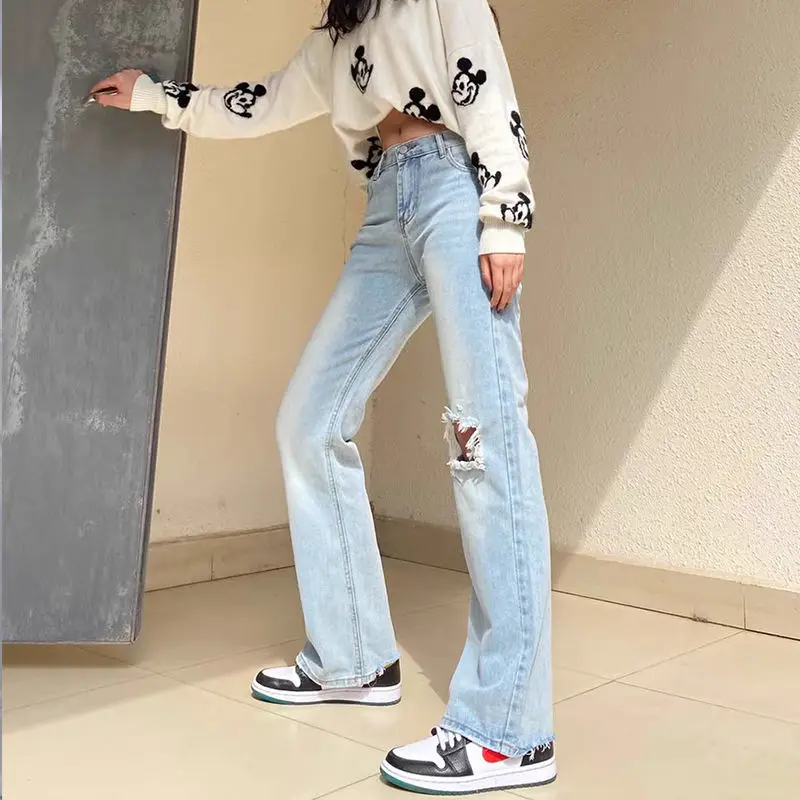 

Autumn and winter 2021 new high waist and thin perforated pants Korean loose straight leg wide leg jeans women mop the floor