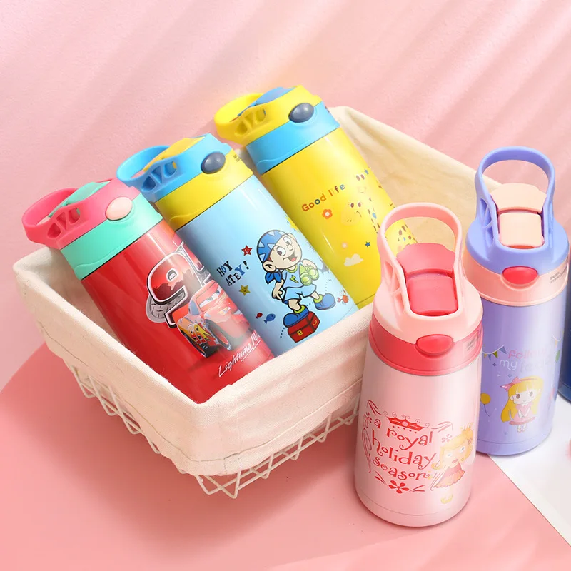 

400ml Children Thermos Cute Cartoon Straw Vacuum Flasks Outdoor Stainless Steel Student Duckbill Child Insulation Cup With Straw