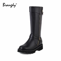 brangdy women knee hight boots pu leather wedges metal decoration women shoes round toe zipper women winter brock boots with fur