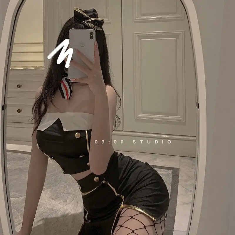 

Sexy Lingerie Women's Stewardess Cosplay Costumes Flight Attendant Slim Split Skirt with Hat Bow-Tie Strapless Dress 2021 New