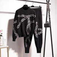 black manual beaded chain printing women knitted tracksuit outfits casual o neck pullover pencil pants female casual knit sets