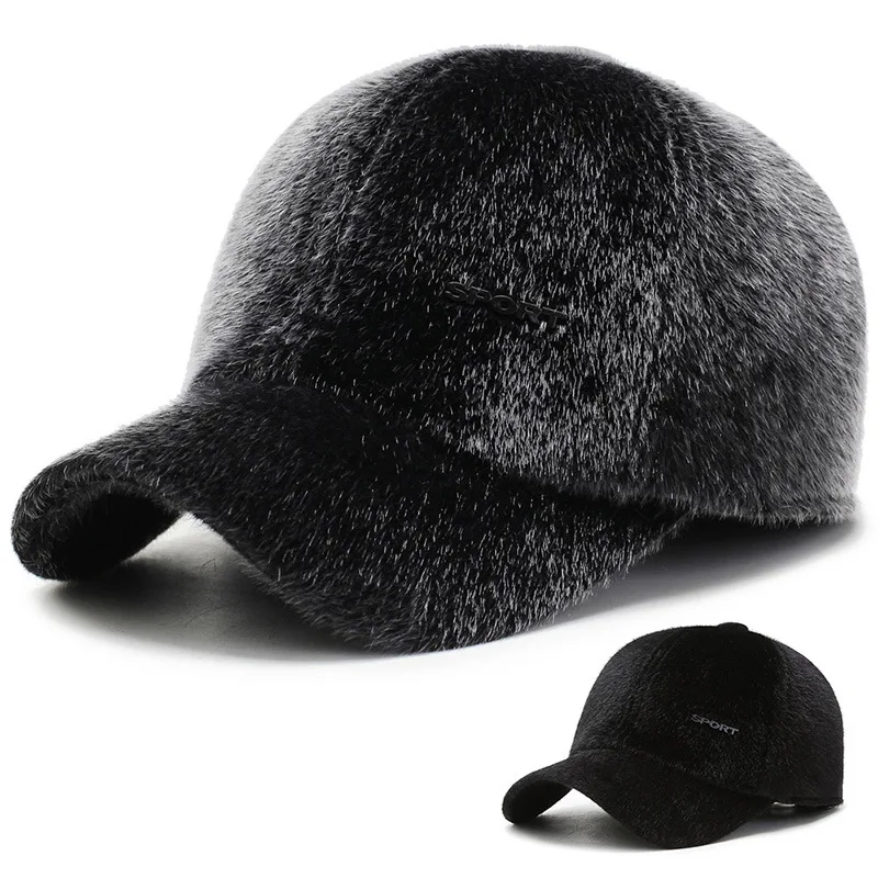 

Men Newly outdoor Faux fur Baseball Cap With Earmuff Plus velvet Warm Winter Hats Middle-aged Thickened Snapback Hat Hat