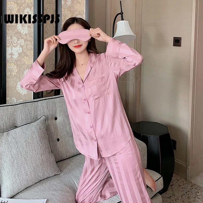 WIKISSPJS  New Korean Loose Pajamas Women's Vertical Strip Suit Leisure Home Clothes Lounge Wear Bedroom Set Pj Sets for Women
