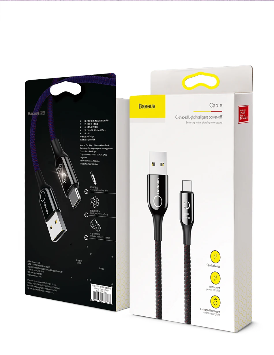 Baseus Led light usb type c кабель 3A Быстрая зарядка данных для samsung s8 s9 huawei oneplus 6 5 xiaomi note 7 зарядный кабель Android