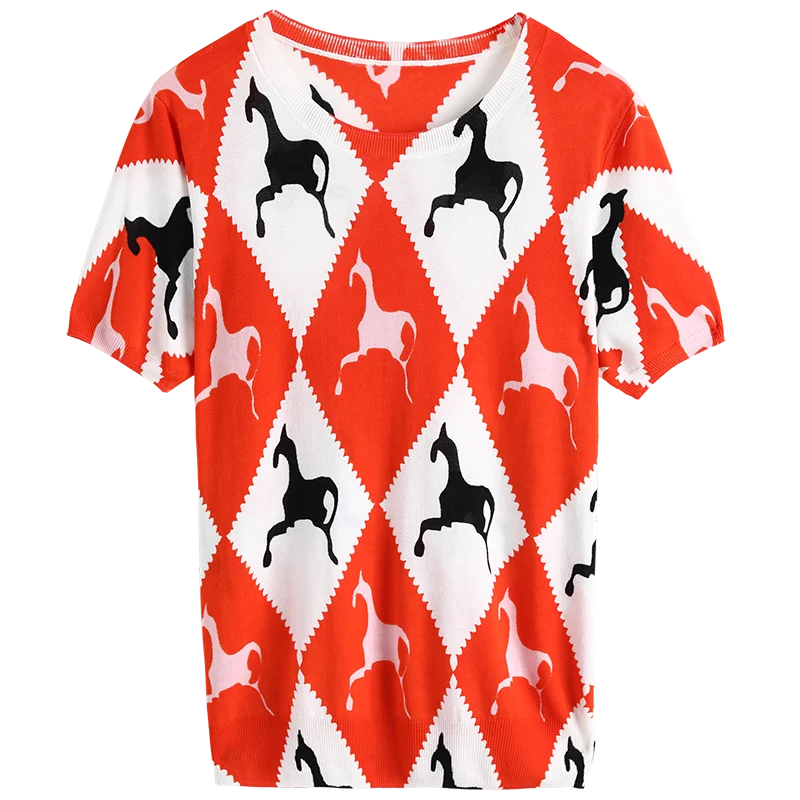 

Print Crop Top 2021 New Summer Short Sleeve Women's T-shirts Thin Knit Top Female Plus Size High Quality Argyle Woman T-shirts